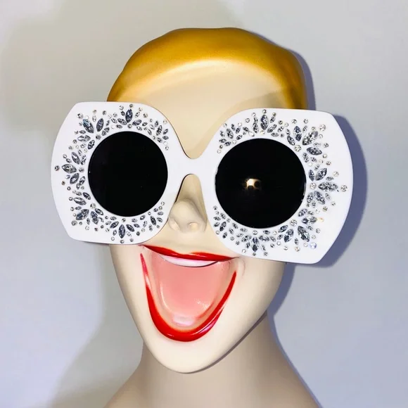 Giant Glam Girl White Rhinestone Encrusted Oversized Sunglasses - Picture 2 of 6
